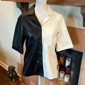 Muubaa Black/Off White Paneled Leather Snap-Up Shirt, 4!